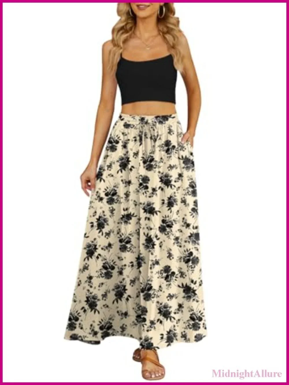 Flowy Maxi Skirt Pleated High Waisted Long Skirt with Pockets